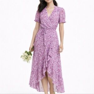 Draper James RSVP Purple Floral True Wrap Midi Dress Size M Cottagecore Pockets